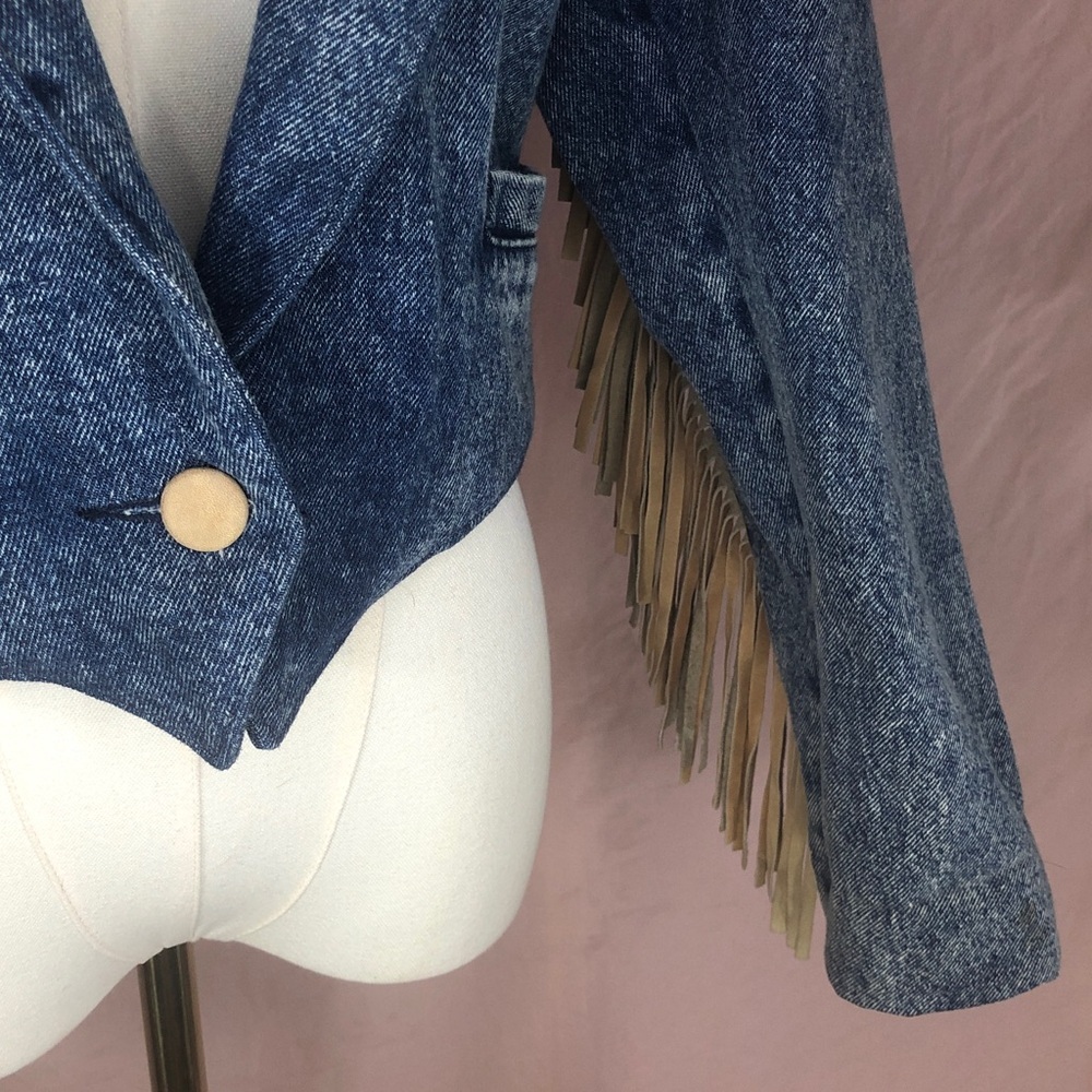 Vintage Blue Denim Western Country Leather Tan Collar Fringe Size Large Like New - Picture 6 of 16